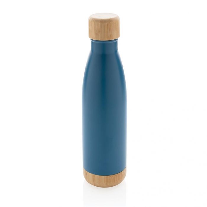 Vacuüm roestvrijstalen fles met bamboe deksel en bodem, blau - 1