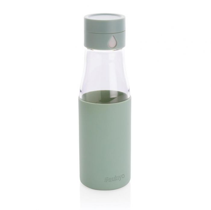 Ukiyo glazen hydratatie-trackingfles met sleeve, groen - 1