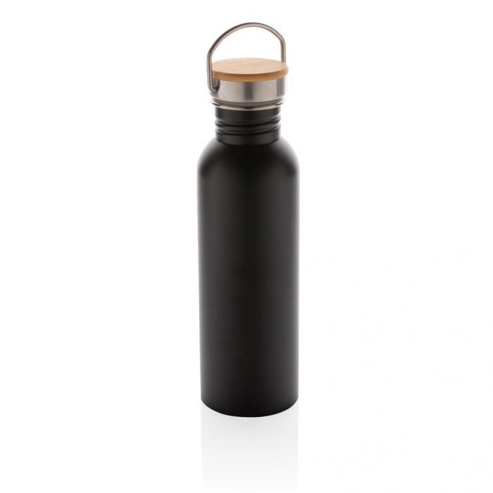Moderne roestvrijstalen fles met bamboe deksel, zwart - 1