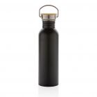 Moderne roestvrijstalen fles met bamboe deksel, zwart - 2