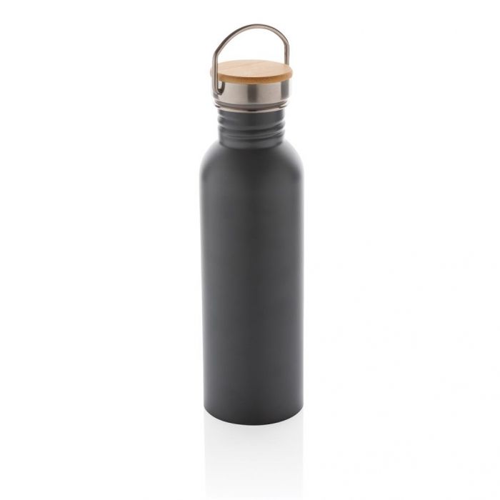 Moderne roestvrijstalen fles met bamboe deksel, grijs - 1