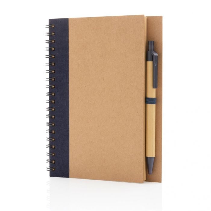Kraft spiraal notitieboekje met pen, blauw - 1