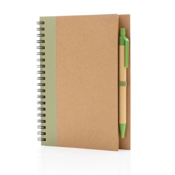 Kraft spiraal notitieboekje met pen, groen - 1