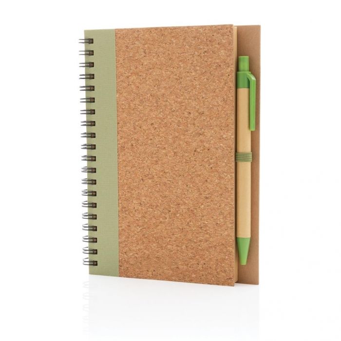 Kurk spiraal notitieboek met pen, groen - 1