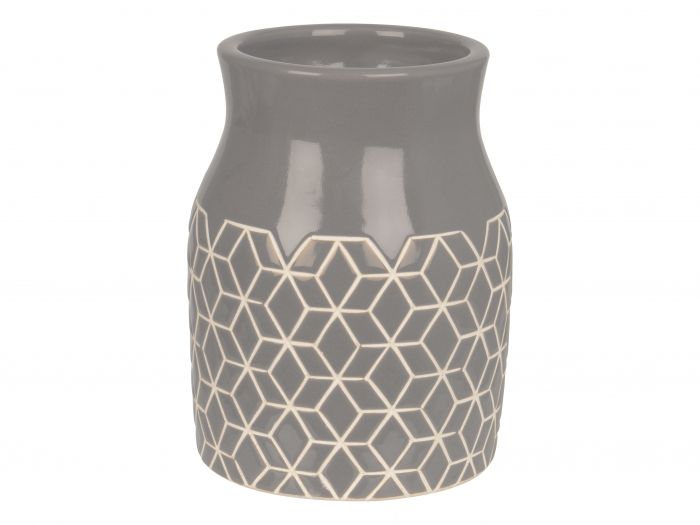 Vase Hexagon ceramic grey carved medium - 1