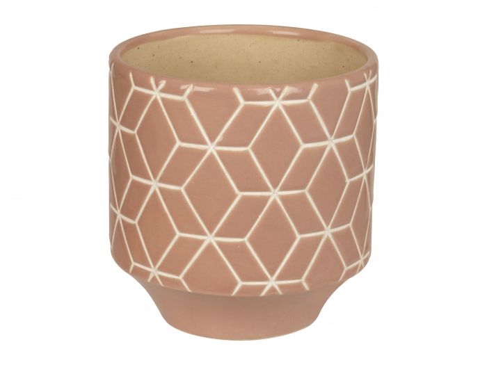 Plant pot Hexagon dusty pink carved ceramic med. - 1