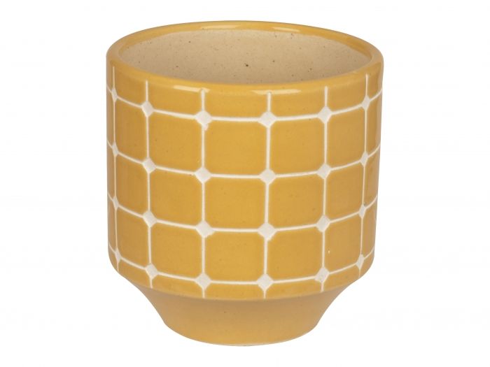 Plant pot Tiles ochre yellow carved ceramic small - 1