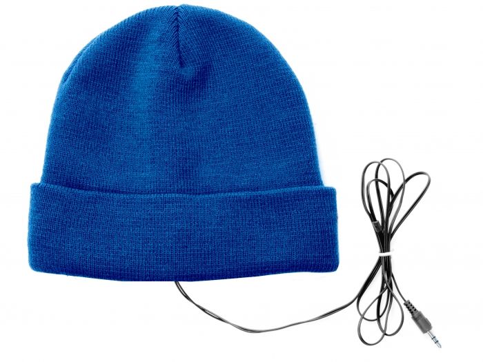 Earphone hat blue acrylic, w. black wire - 1