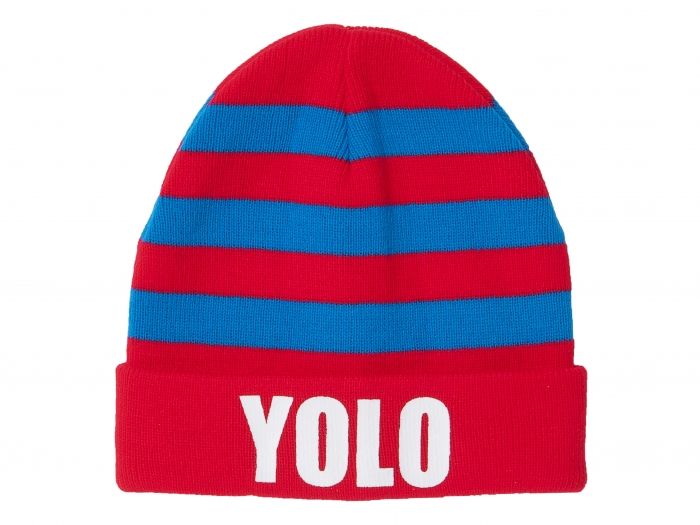 Beanie hat YOLO red w. blue stripes, BOX32 - 1